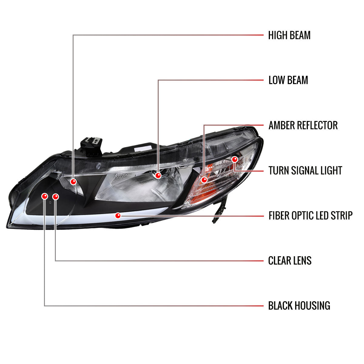 Spec-D 2006-2011 Honda Civic 4DR 4DR OE Style w/ LED Strip Black Headlights