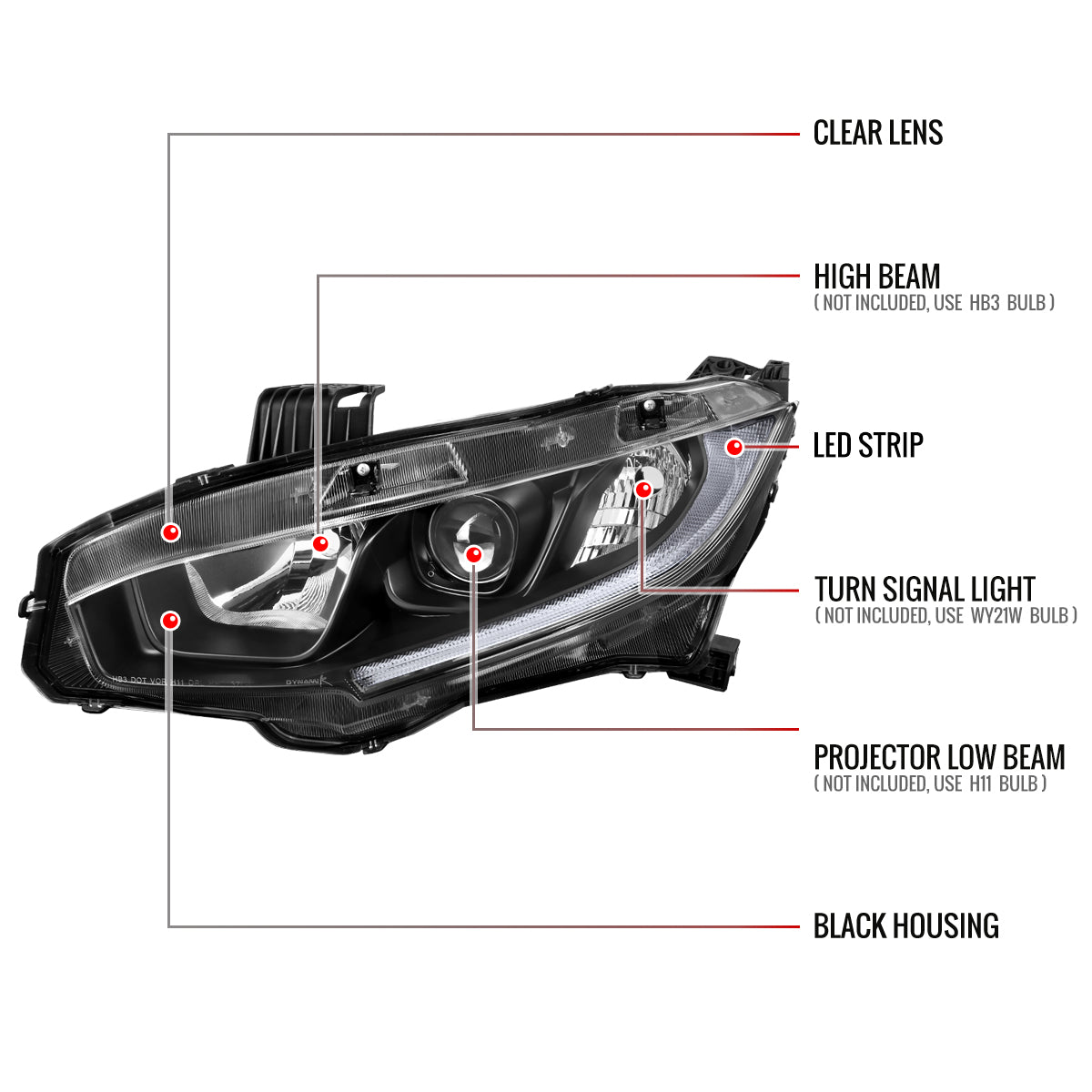 Spec-D 2016-2021 Honda Civic LED Strip OE Style Projector Black Headlights