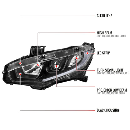 Spec-D 2016-2021 Honda Civic LED Strip OE Style Projector Black Headlights