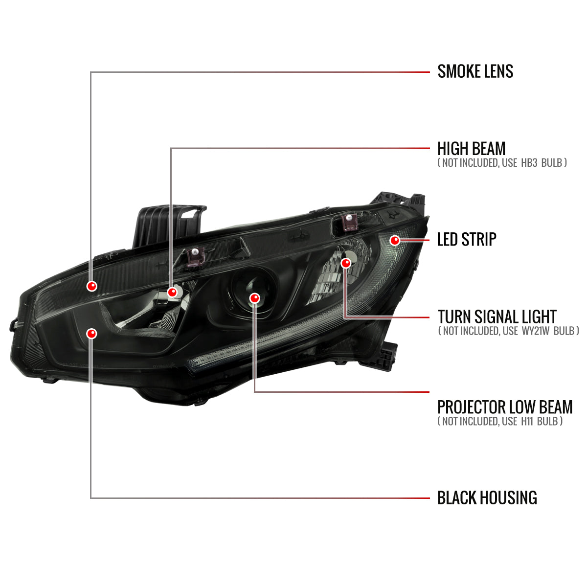 Spec-D 2016-2021 Honda Civic LED Strip OE Style Projector Black w/ Smoked Lens Headlights