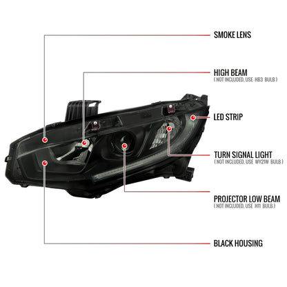 Spec-D 2016-2021 Honda Civic LED Strip OE Style Projector Black w/ Smoked Lens Headlights