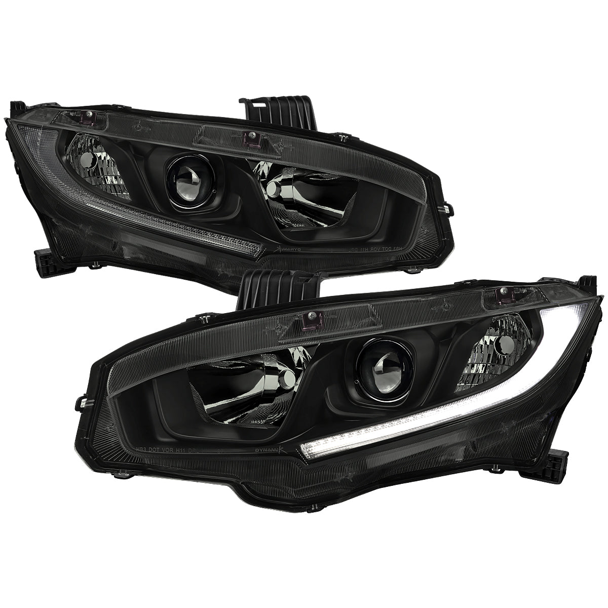Spec-D 2016-2021 Honda Civic LED Strip OE Style Projector Black w/ Smoked Lens Headlights