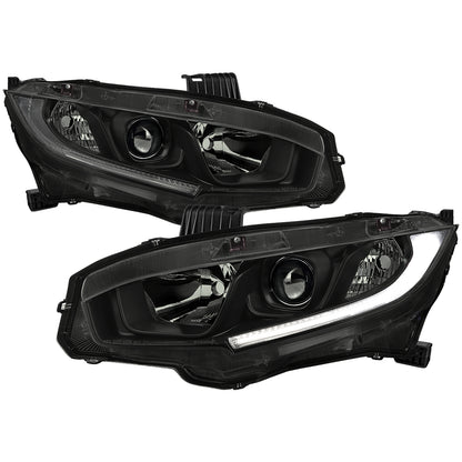 Spec-D 2016-2021 Honda Civic LED Strip OE Style Projector Black w/ Smoked Lens Headlights