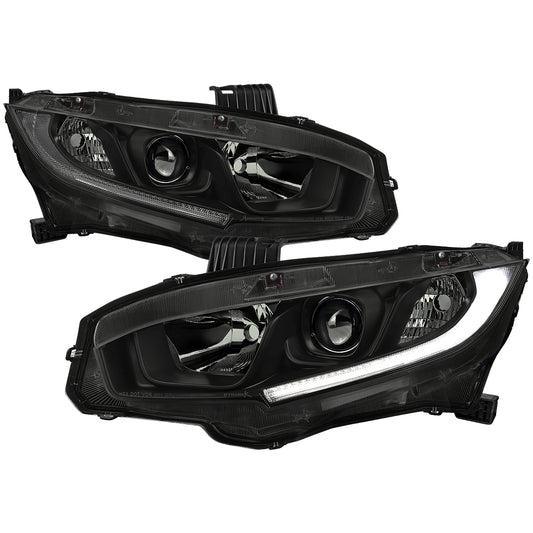 Spec-D 2016-2021 Honda Civic LED Strip OE Style Projector Black w/ Smoked Lens Headlights