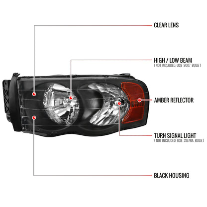 Spec-D 2002-2005 Dodge RAM 1500/ 2003-2005 RAM 2500 3500 OE Style Black Headlights