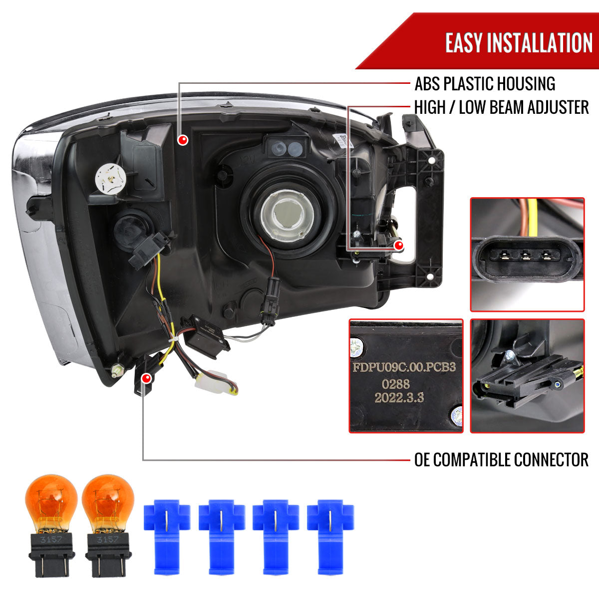 Spec-D 2006-2008 Dodge Ram 1500/ 2006-2009 Ram 2500 3500 LED Tube OE Style with Amber Reflector Black Headlights