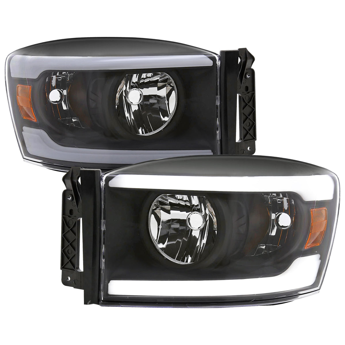 Spec-D 2006-2008 Dodge Ram 1500/ 2006-2009 Ram 2500 3500 LED Tube OE Style with Amber Reflector Black Headlights