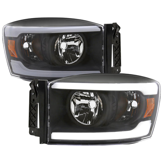 Spec-D 2006-2008 Dodge Ram 1500/ 2006-2009 Ram 2500 3500 LED Tube OE Style with Amber Reflector Black Headlights