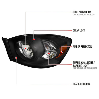 Spec-D 2006-2008 Dodge RAM 1500/ 2006-2009 RAM 2500 3500 OE Style Crystal Black Headlights