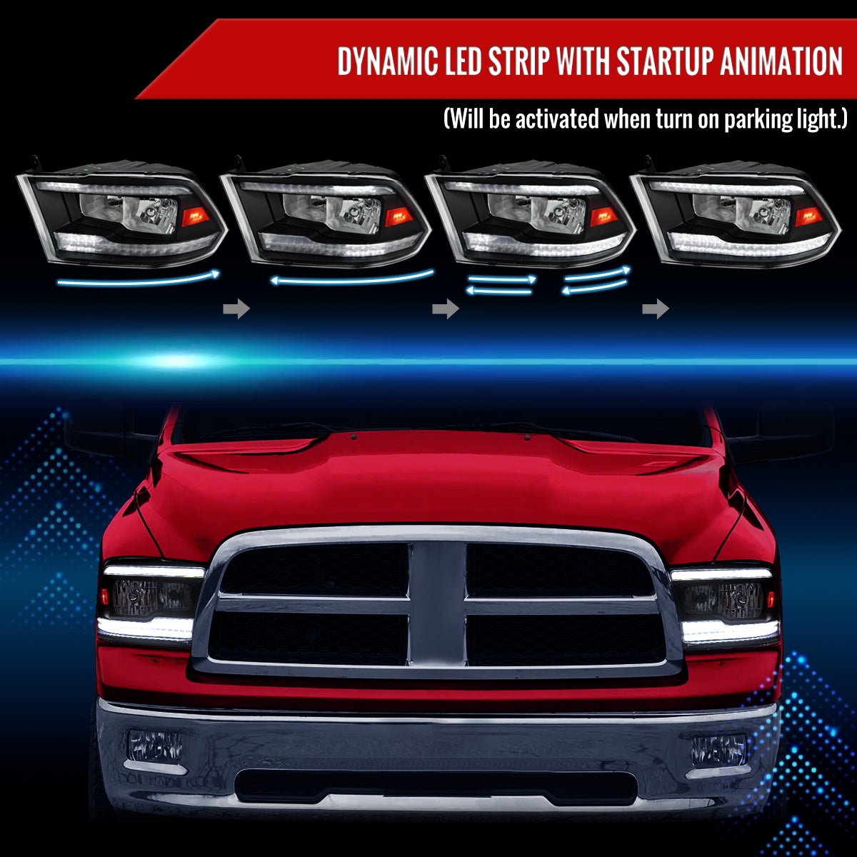 Spec-D 2009-2018 Dodge RAM 1500/2010-2018 RAM 2500 3500 Dual Switchback Sequential LED Bar OE Style Black Headlights