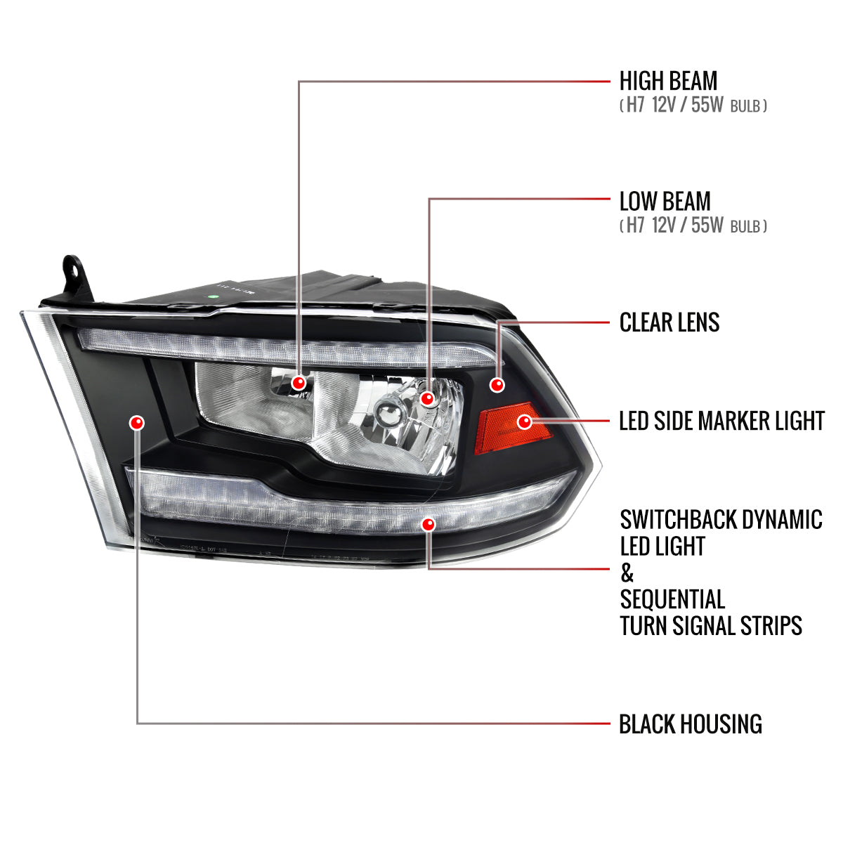 Spec-D 2009-2018 Dodge RAM 1500/2010-2018 RAM 2500 3500 Dual Switchback Sequential LED Bar OE Style Black Headlights