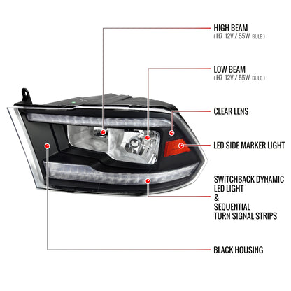 Spec-D 2009-2018 Dodge RAM 1500/2010-2018 RAM 2500 3500 Dual Switchback Sequential LED Bar OE Style Black Headlights