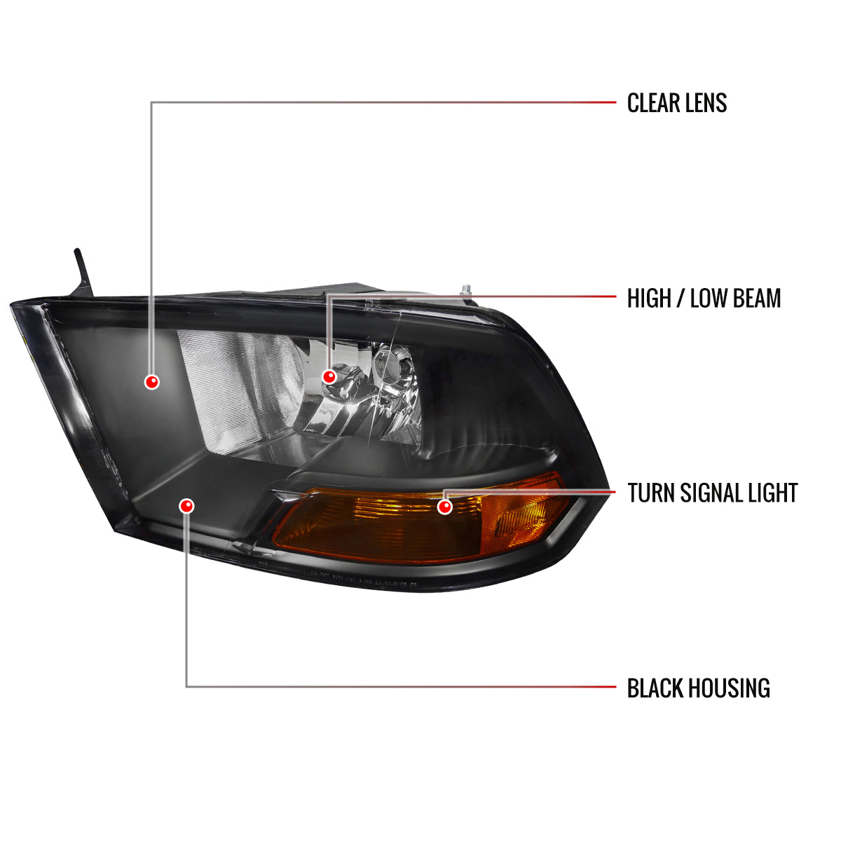 Spec-D 2009-2018 Dodge RAM 1500 / 2019-2021 RAM Classic / 2010-2018 RAM 2500 3500 Factory Dual Style Black Headlights