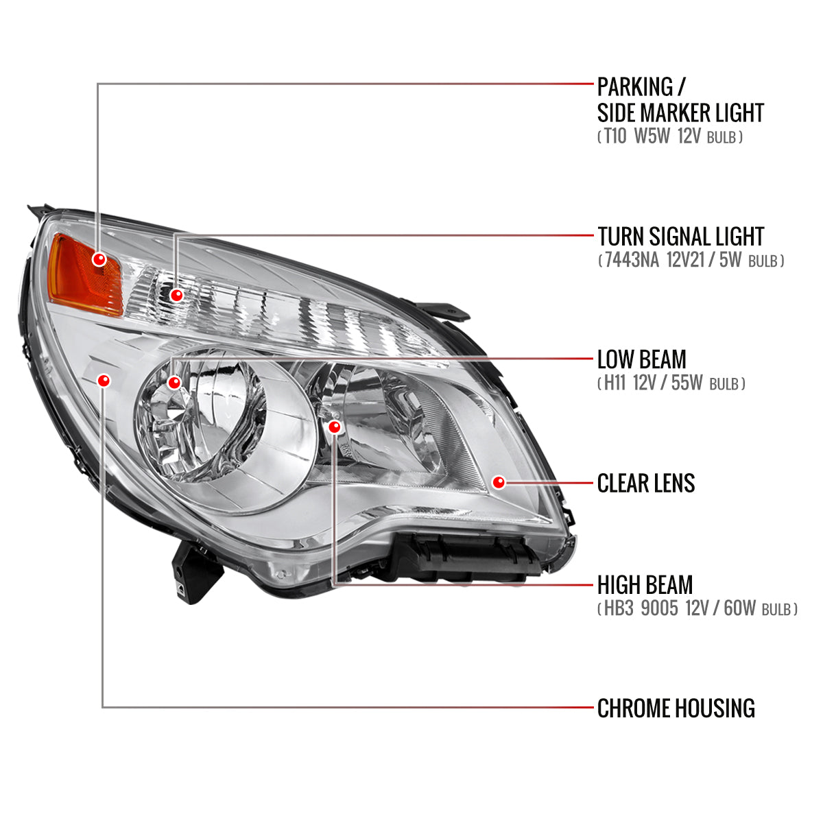 Spec-D Chevy Equinox Passenger Side 12 chrome passenger-side headlights