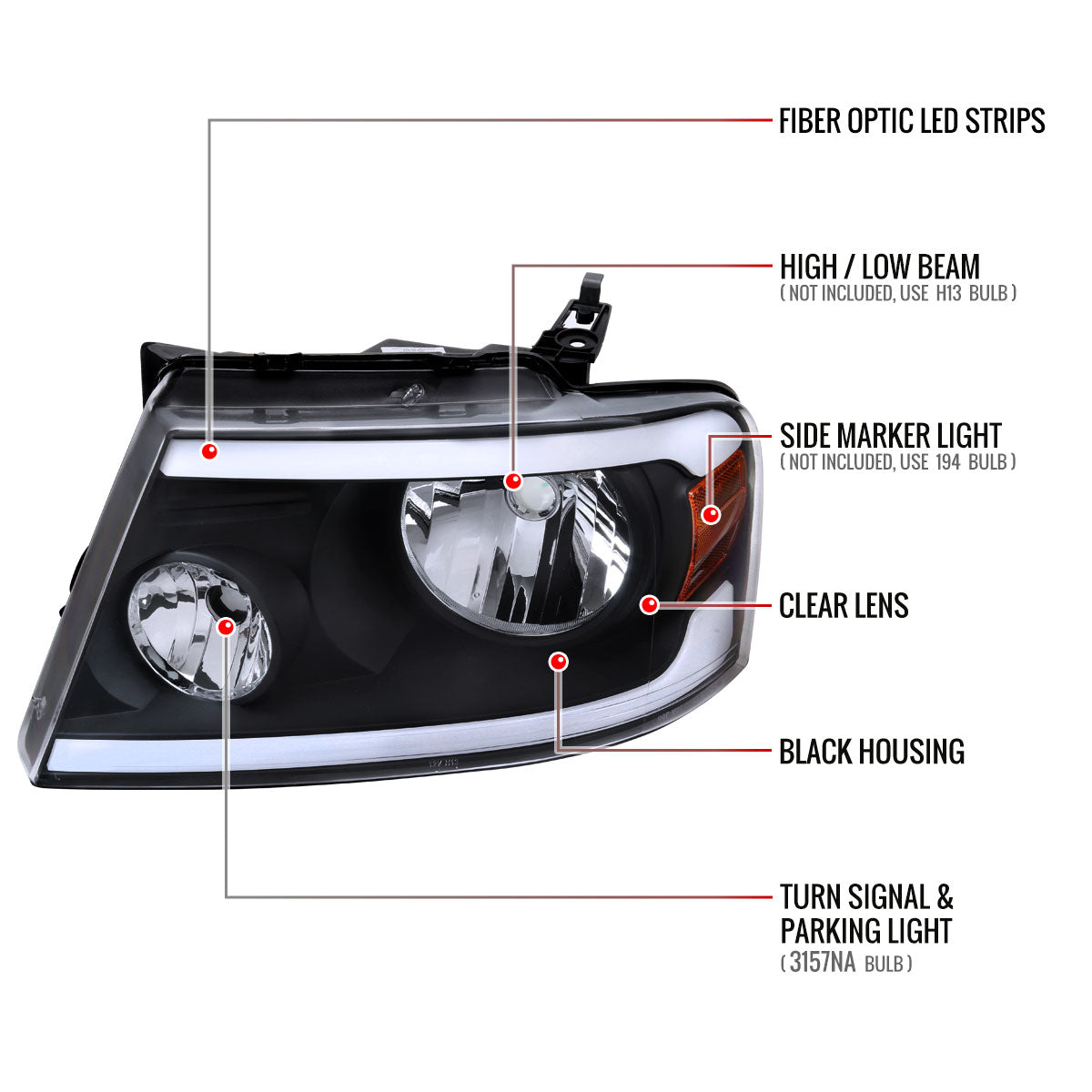 Spec-D 2004-2008 Ford F-150/ 2006-2008 Lincoln Mark LT LED Strip OE Style Black Headlights