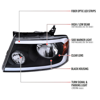 Spec-D 2004-2008 Ford F-150/ 2006-2008 Lincoln Mark LT LED Strip OE Style Black Headlights