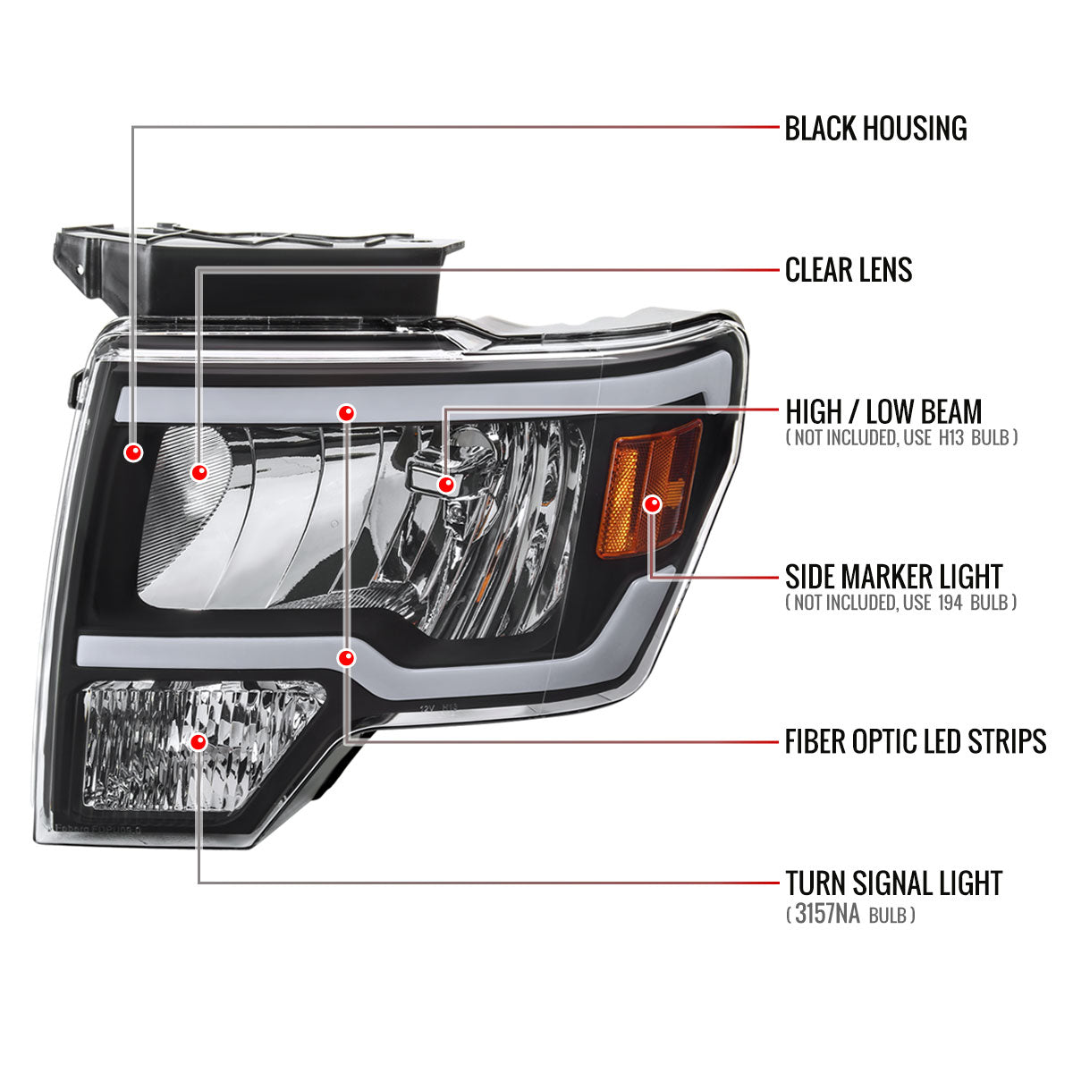 Spec-D 2009-2014 Ford F-150 LED Tube OE Style Black Headlights