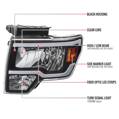 Spec-D 2009-2014 Ford F-150 LED Tube OE Style Black Headlights