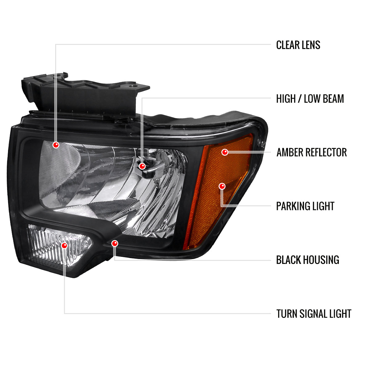 Spec-D 2009-2014 Ford F-150 OE Style Crystal w/ Amber Reflector Black Headlights