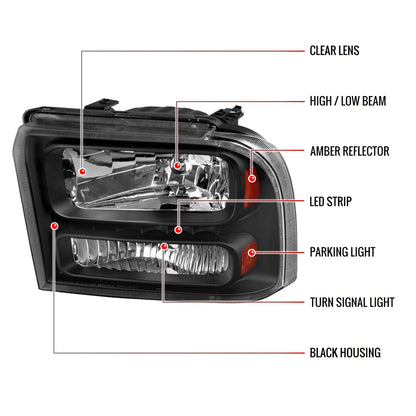 Spec-D 2005-2007 Ford F-250/F-350/F-450/F-550/Excursion Crystal LED Black Headlights