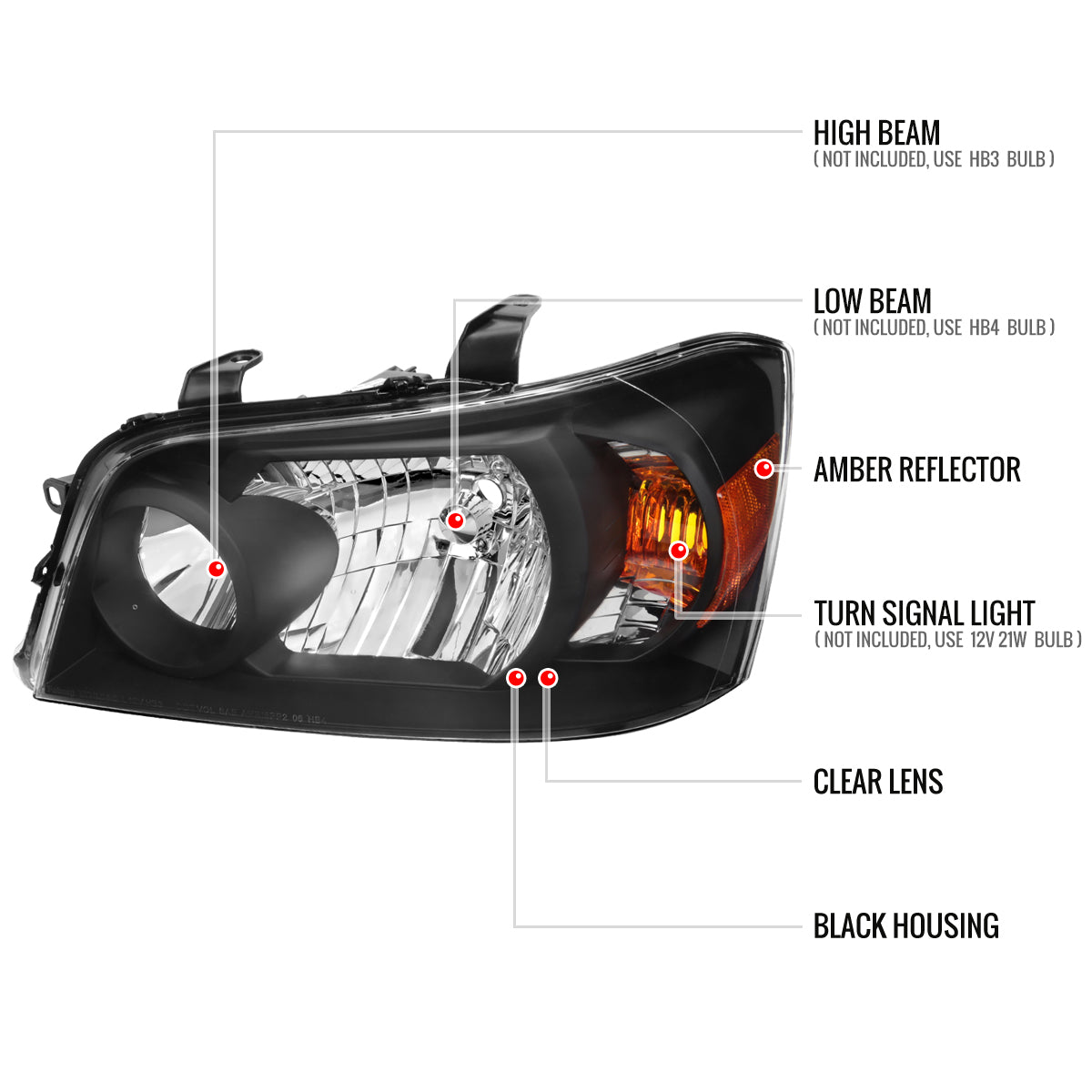 Spec-D 2004-2007 Toyota Highlander OE Style Black Headlights