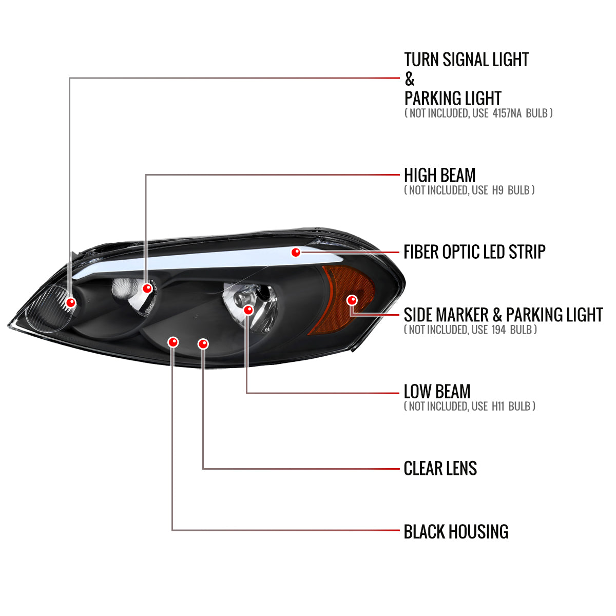 Spec-D 2006-2013 Chevrolet Impala/2006-2007 Monte Carlo/2014-2016 Impala Ltd OE Style w/ LED Strip Black Headlights