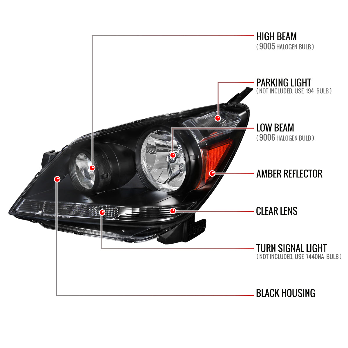 Spec-D 2005-2007 Honda Odyssey OE Style Crystal w/ 9006 Bulbs Black Headlights