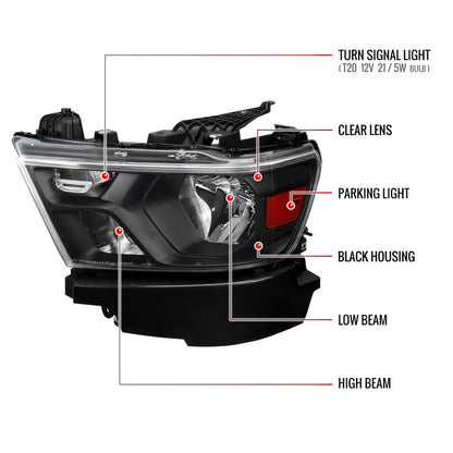 Spec-D 19-24 Ram 1500 Driver Headlight Black Housing Direct Replacement