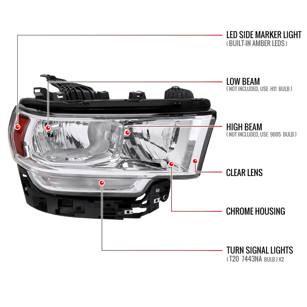 Spec-D 2019-2024 Ram 2500 3500 Right Side OE Style Headlight Chrome