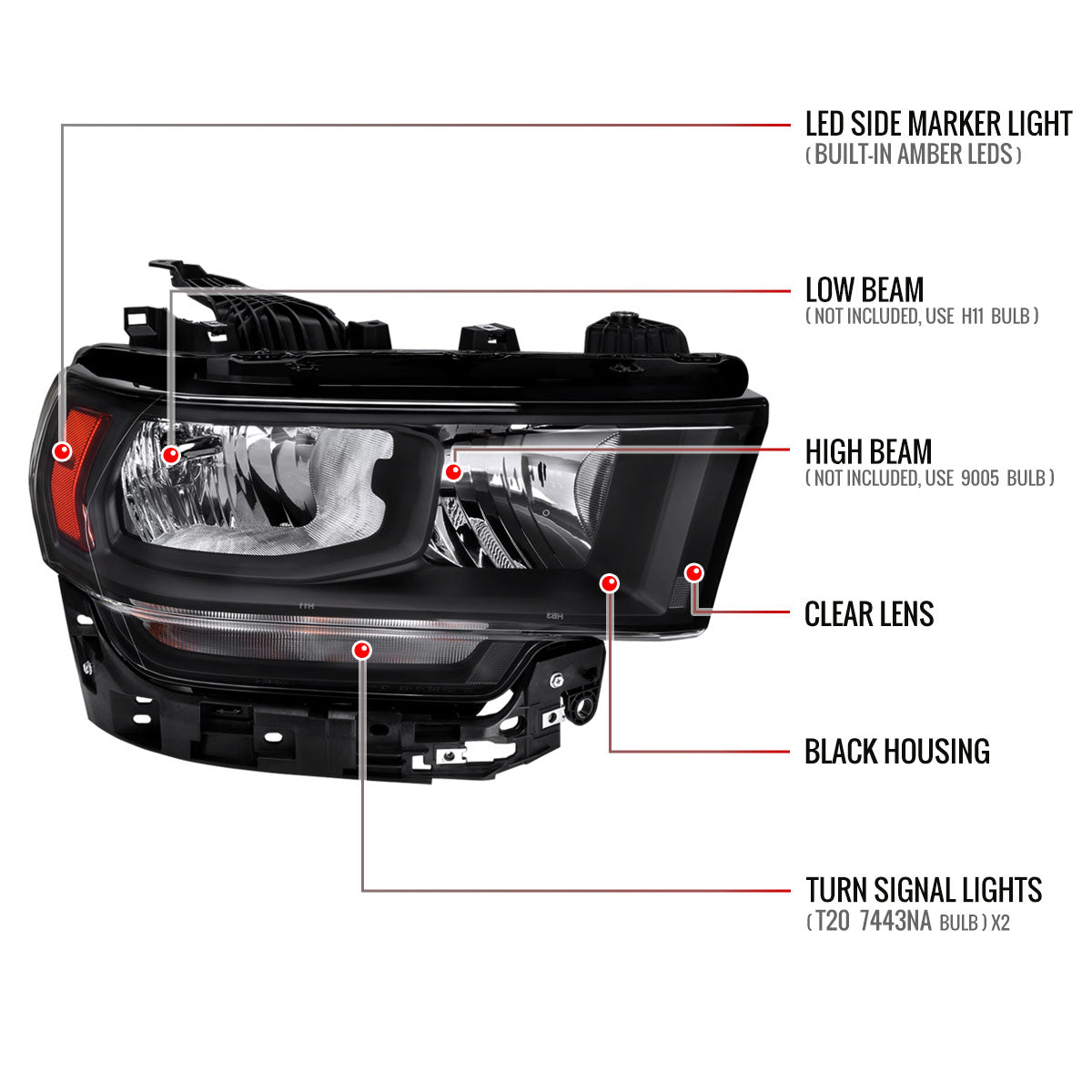 Spec-D 2019-2024 Ram 2500 3500 Right Side OE Style Headlight Black Housing