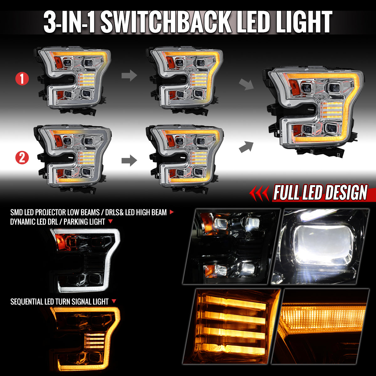 Spec-D 2015-2017 Ford F-150 Chrome Projector Headlights Sequential LED DRL