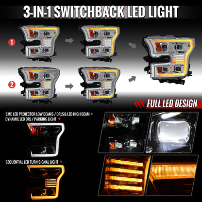 Spec-D 2015-2017 Ford F-150 Chrome Projector Headlights Sequential LED DRL