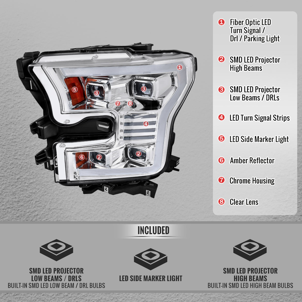 15-17 F-150 Spec-D Chrome Projector Headlight Pair LED DRL Bar