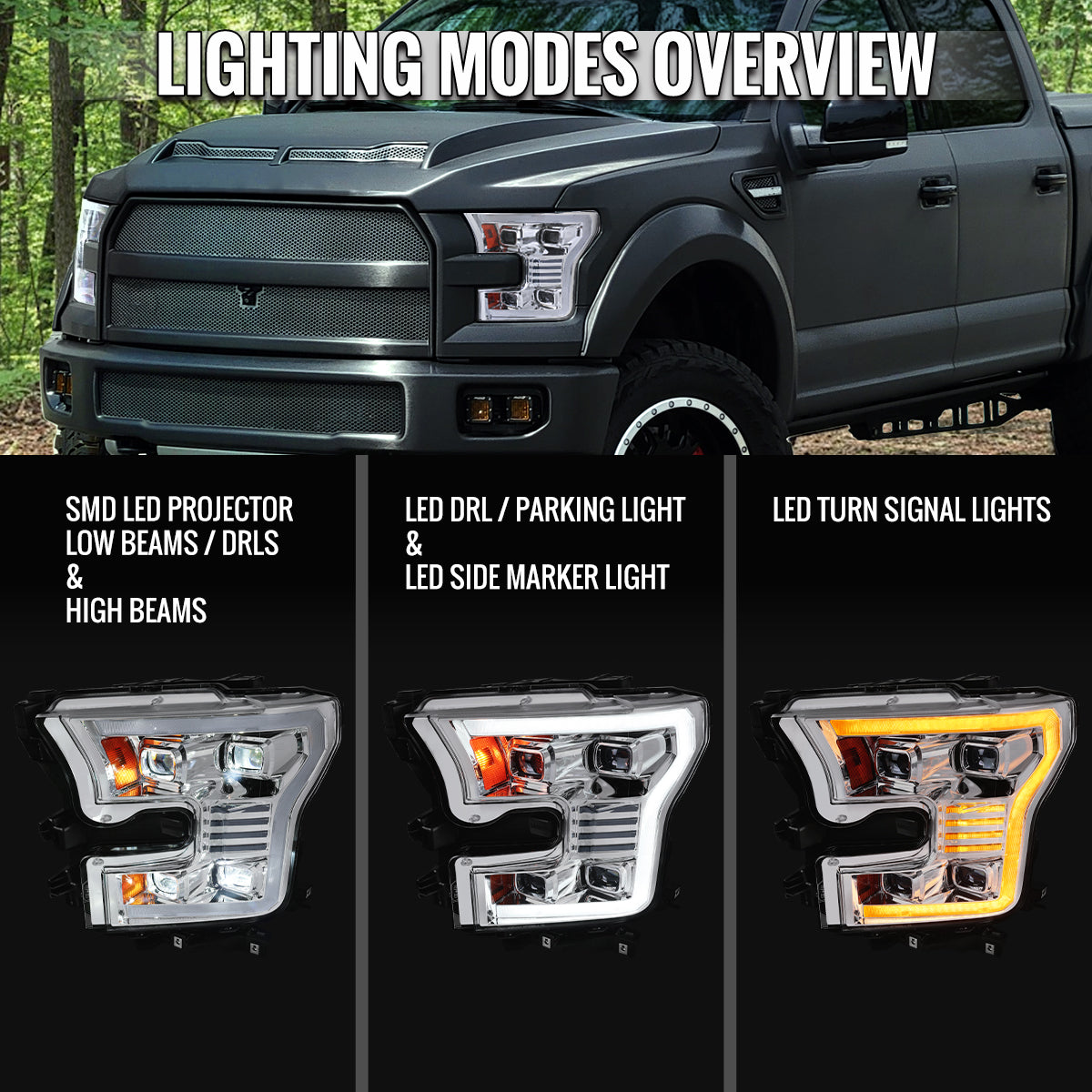 15-17 F-150 Chrome Clear LED Projector Headlights With Sequential Signal