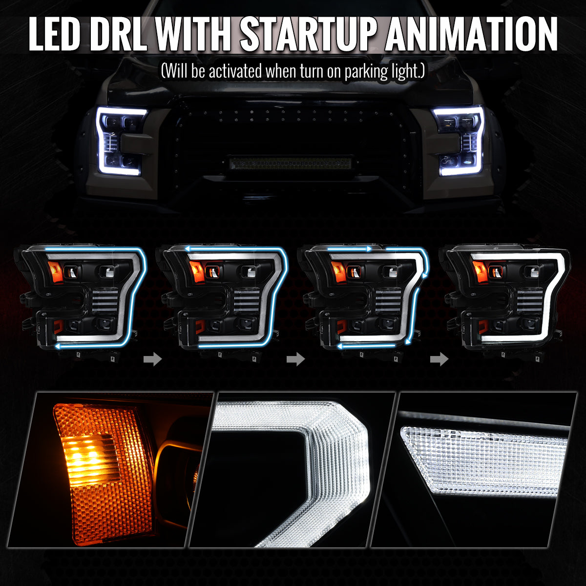 2015-2017 F-150 Matte Black Housing Clear Lens Headlights Sequential Spec-D