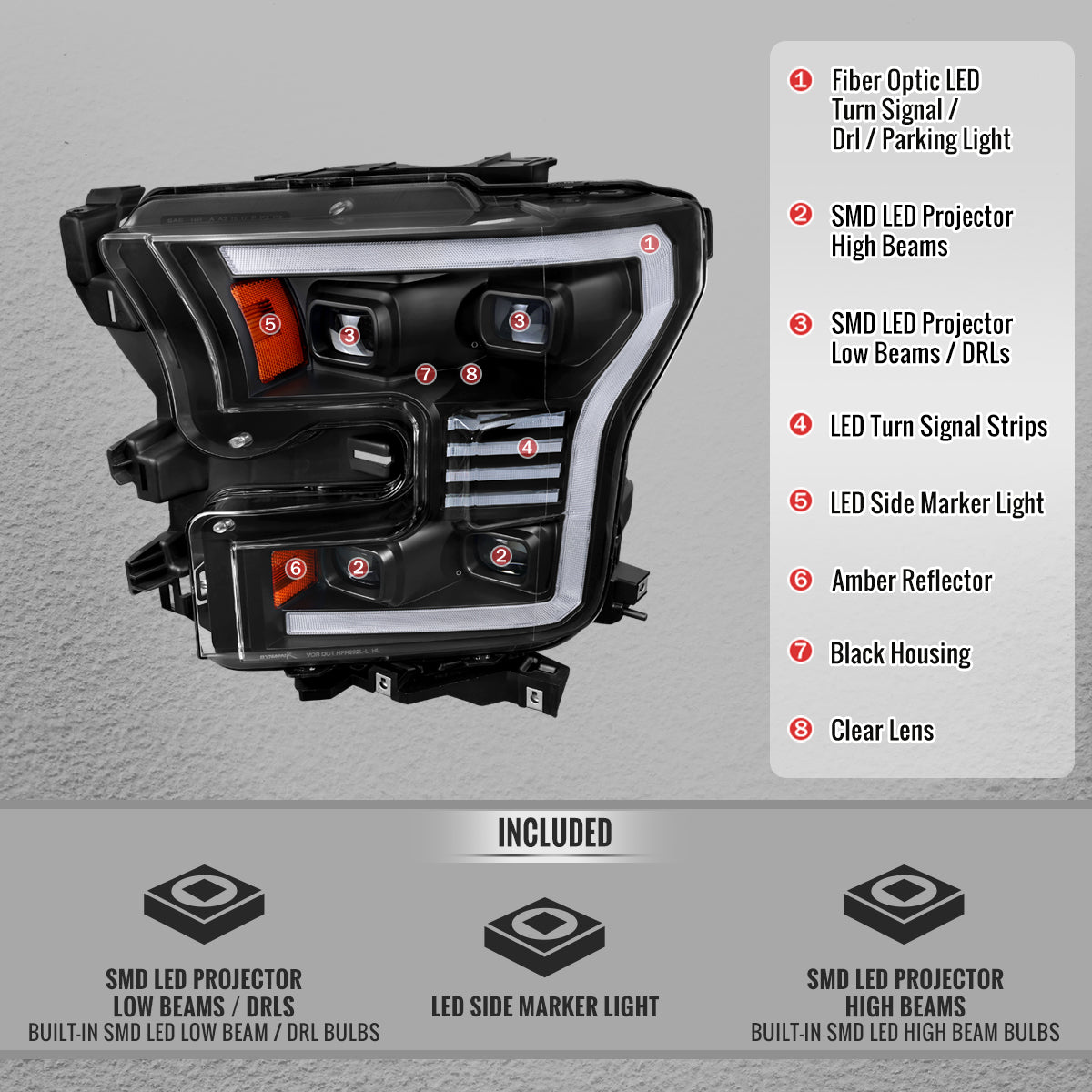 15-17 F-150 Spec-D Black Projector Headlight Pair LED DRL Bar