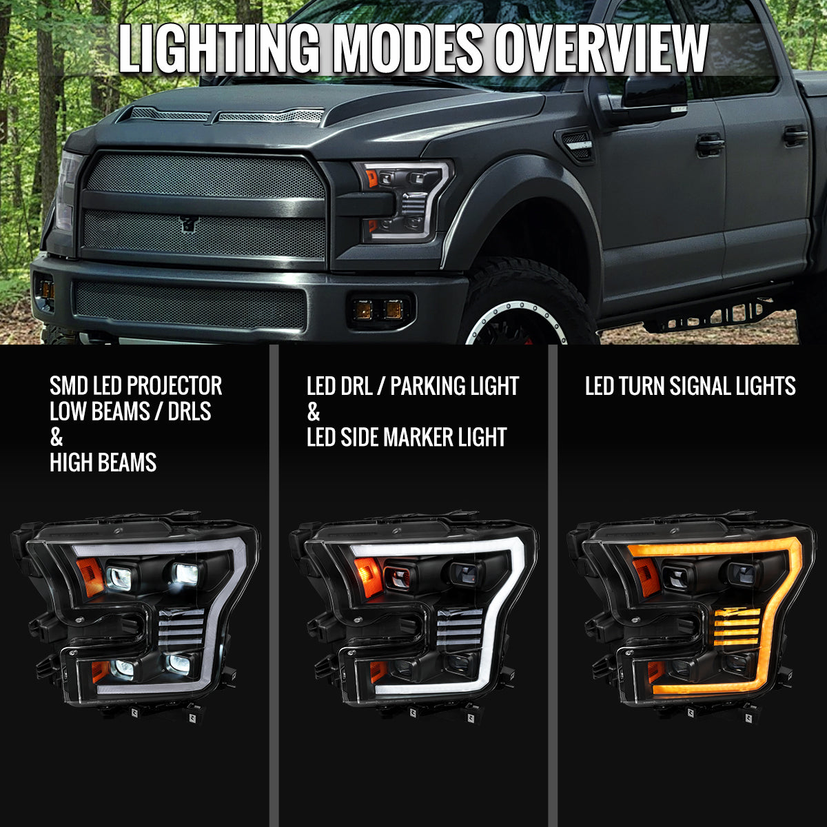 15-17 F-150 Black Clear LED Projector Headlights With Sequential Signal