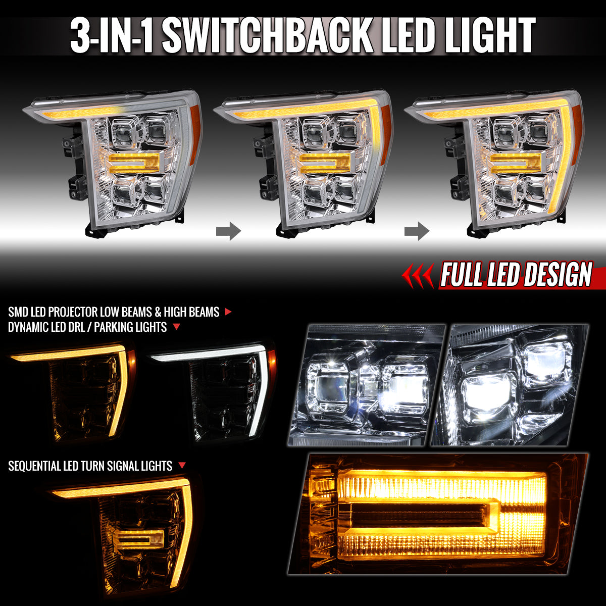 Spec-D 2021-2023 Ford F-150 chrome LED projector headlights clear lens sequential