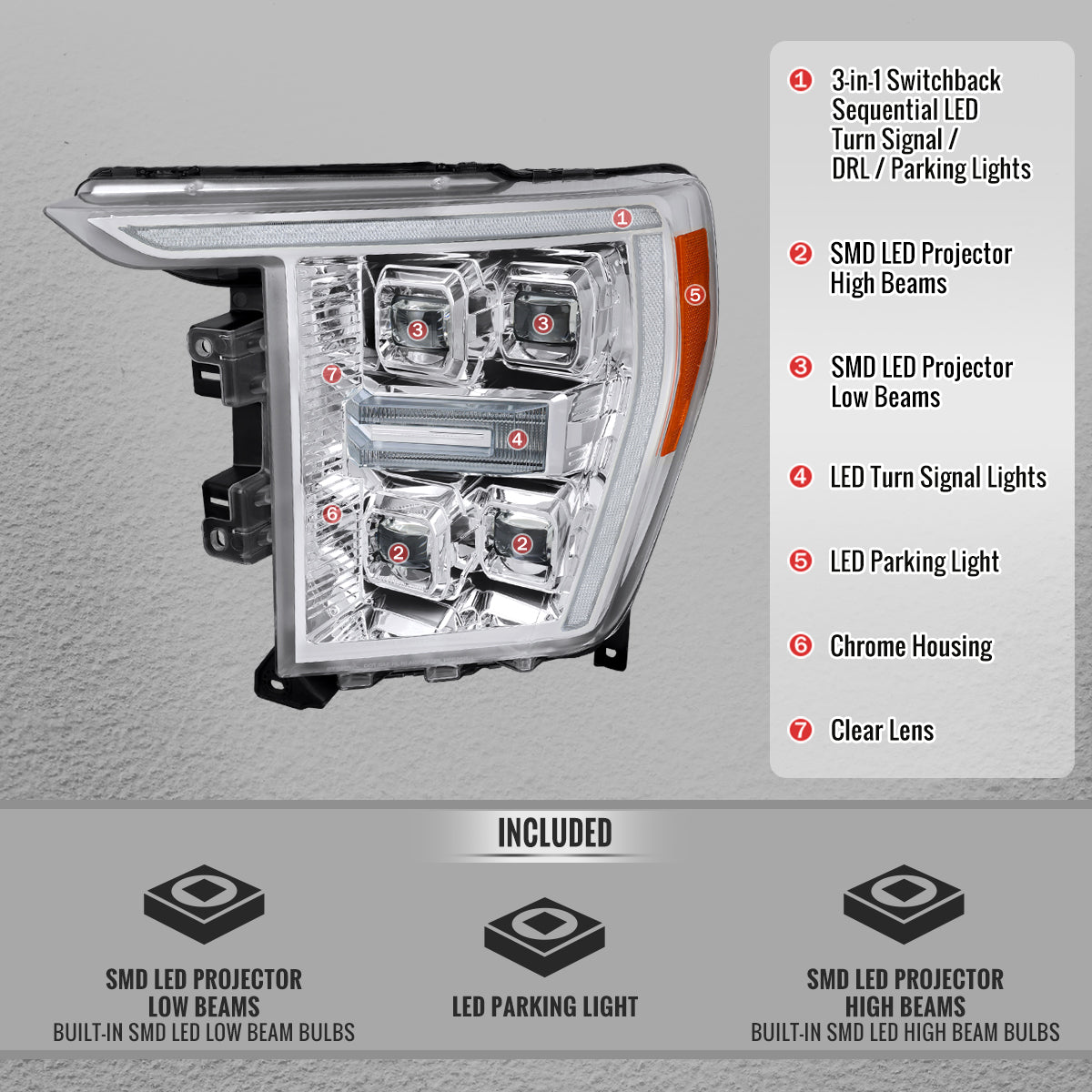 Replacement chrome headlights for 2021-2023 F-150 Spec-D projector sequential LED