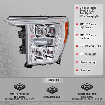 Replacement chrome headlights for 2021-2023 F-150 Spec-D projector sequential LED