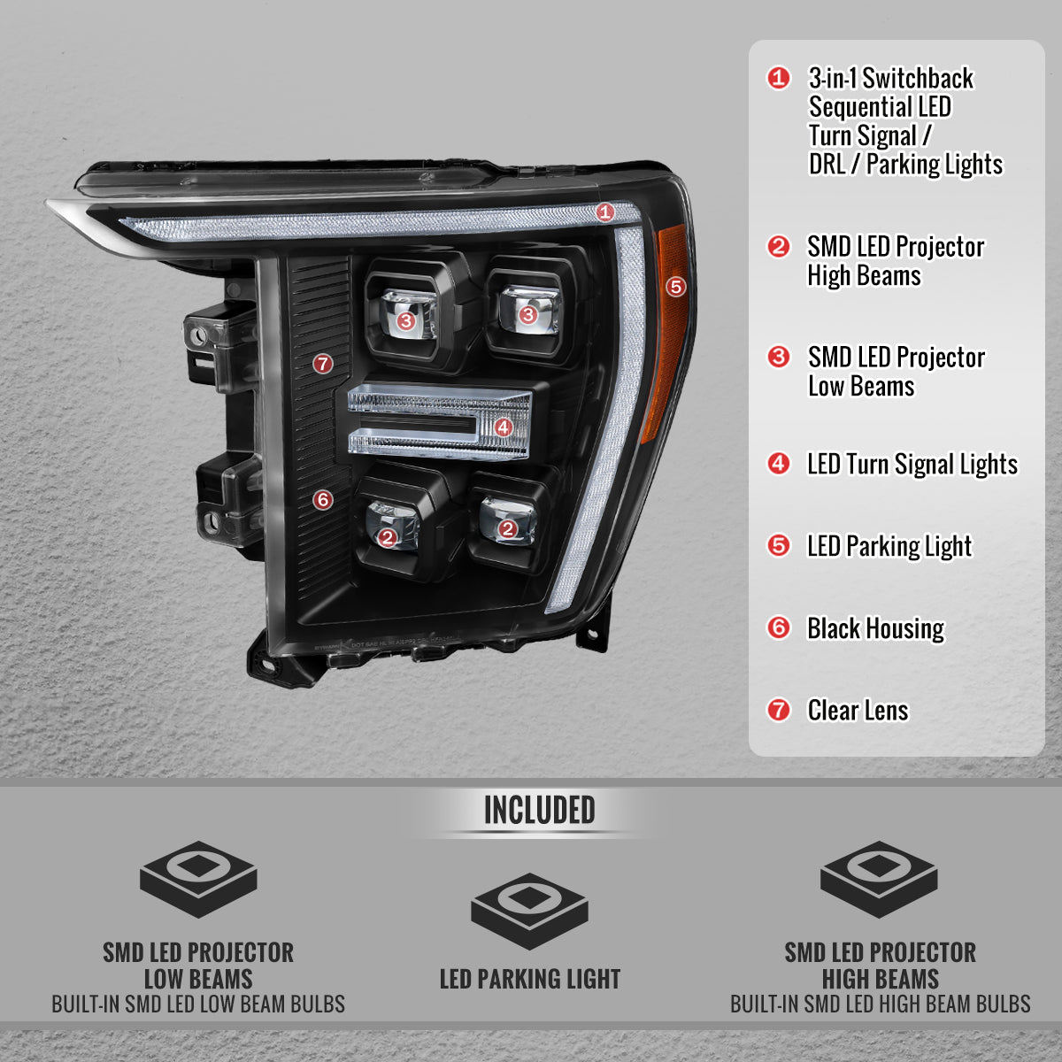 Replacement headlights for 2021-2023 F-150 Spec-D clear lens projector sequential LED