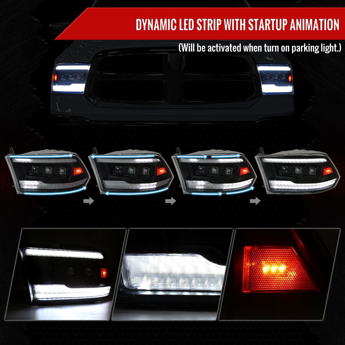 Spec-D 2009-2018 Dodge RAM 1500 / 2019 RAM Classic / 2010-2018 RAM 2500 3500 Switchback Sequential Full LED Projector Black Headlights