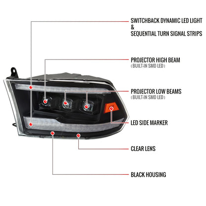 Spec-D 2009-2018 Dodge RAM 1500 / 2019 RAM Classic / 2010-2018 RAM 2500 3500 Switchback Sequential Full LED Projector Black Headlights