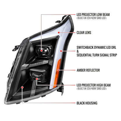 Spec-D 2010-2016 Cadillac SRX Full Switchback Sequential LED DRL Projector Black Headlights