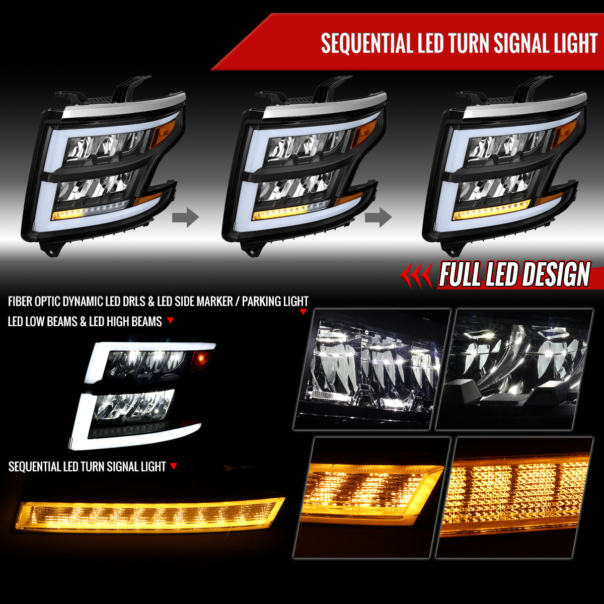 2016 Chevy Tahoe Suburban Full Spec-D black aftermarket headlights