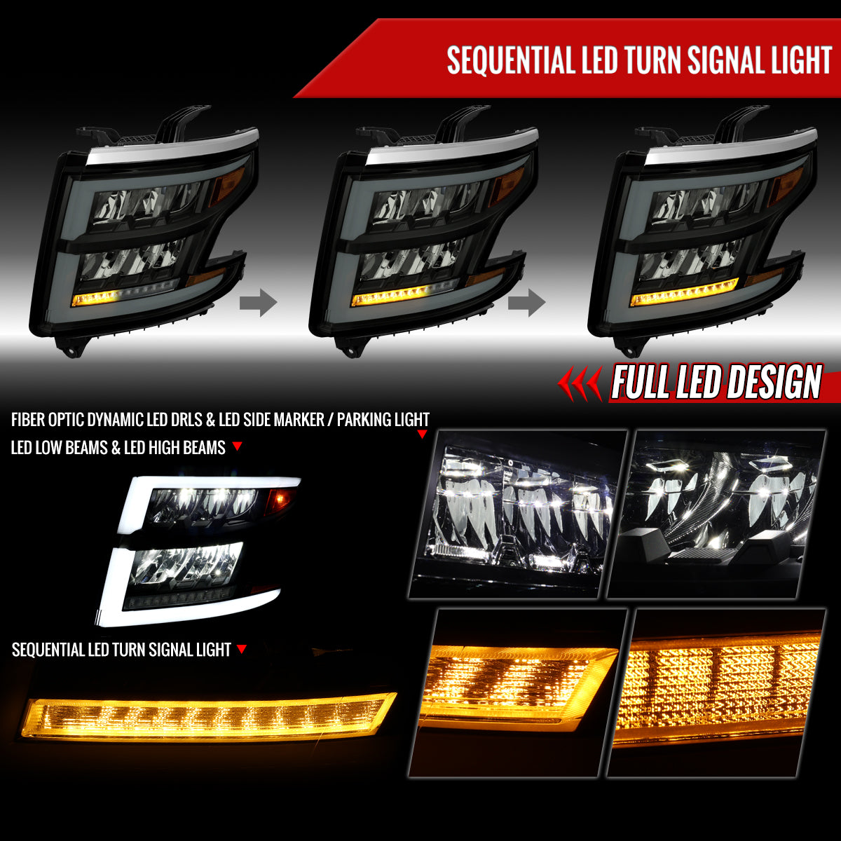 2016 Chevy Tahoe Suburban SEQ LED Spec-D black aftermarket headlights