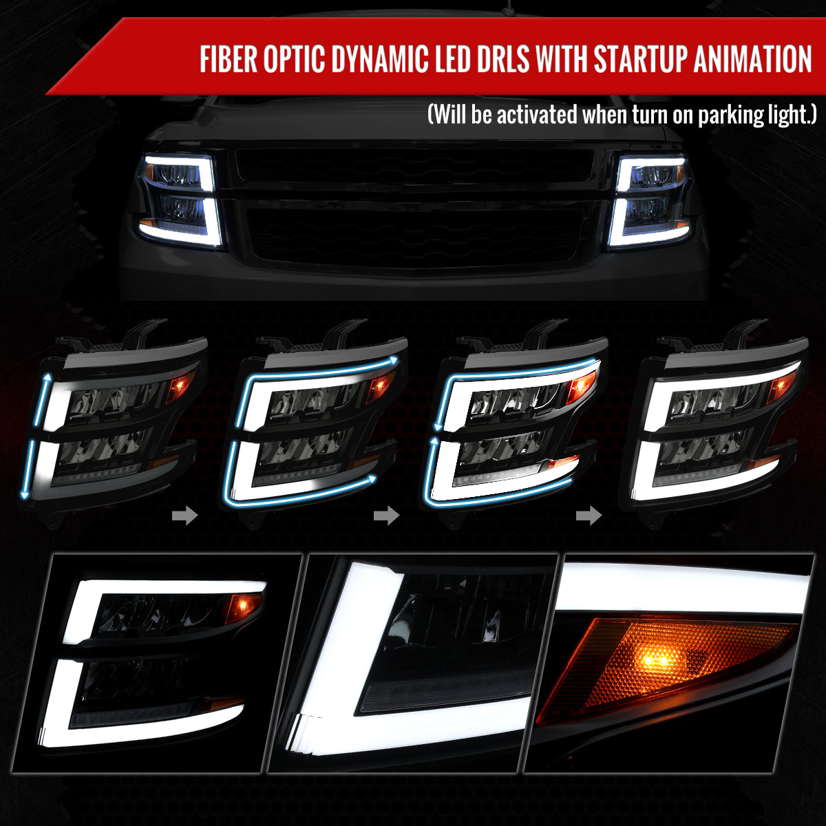 Spec-D 2017 Chevy Tahoe Suburban SEQ LED black sequential headlights