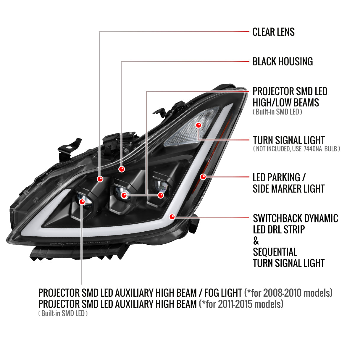 Spec-D 2008-2013 Infiniti G37/2014-2015 Q60 2DR/Convertible Sequential Switchback LED Turn Signal Full LED Triple Projector Matte Black Headlights