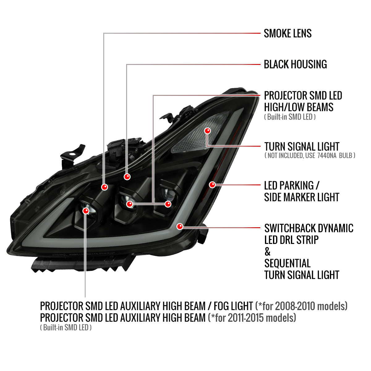 Spec-D 2008-2013 Infiniti G37/2014-2015 Q60 2DR/Convertible Sequential Switchback LED Turn Signal Full LED Triple Projector Black w/ Smoked Lens Headlights