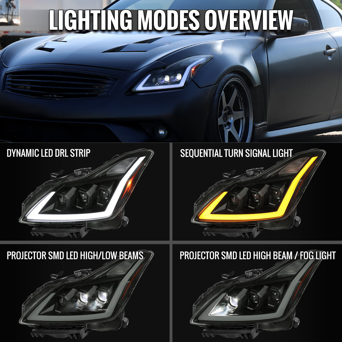 Spec-D 2008-2013 Infiniti G37/2014-2015 Q60 2DR/Convertible Sequential Switchback LED Turn Signal Full LED Triple Projector Black w/ Smoked Lens Headlights